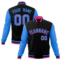 Black Powder Blue-Black Raglan Varsity Full-Snap Letterman Jacket
