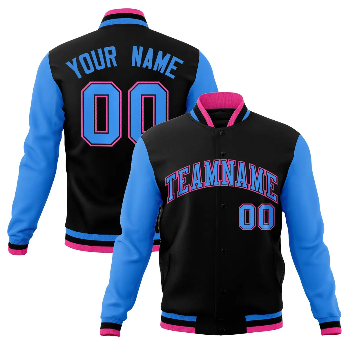 Black Powder Blue-Black Raglan Varsity Full-Snap Letterman Jacket