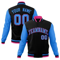 Black Powder Blue-Black Raglan Varsity Full-Snap Letterman Jacket