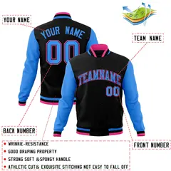 Black Powder Blue-Black Raglan Varsity Full-Snap Letterman Jacket 4