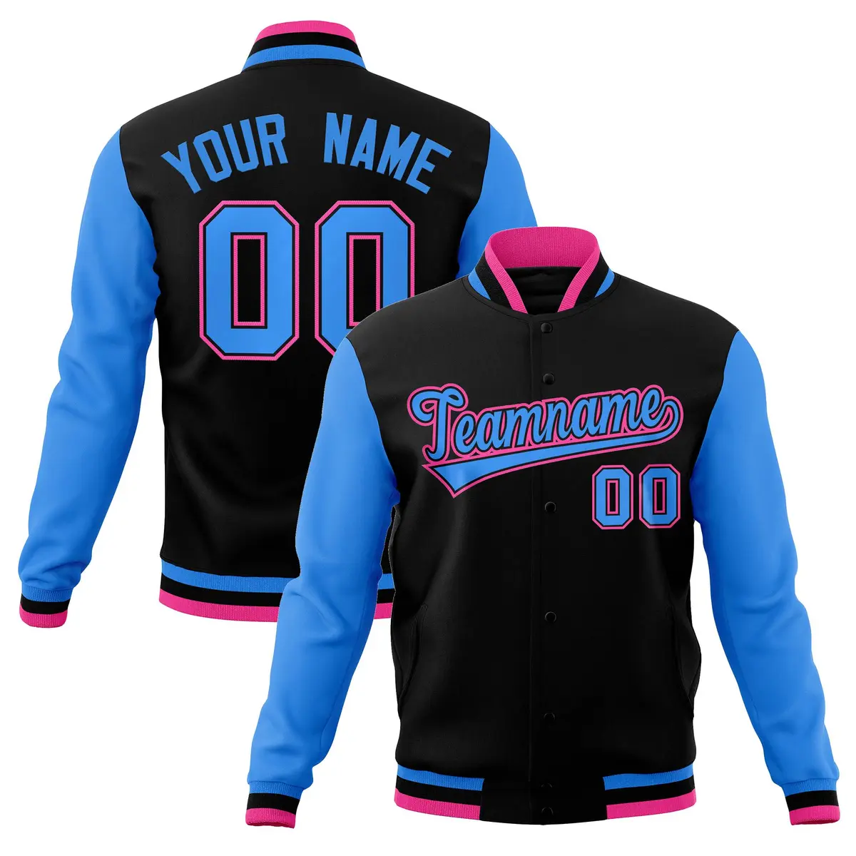Black Powder Blue-Black Raglan Varsity Full-Snap Letterman Jacket