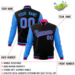 Black Powder Blue-Black Raglan Varsity Full-Snap Letterman Jacket 4