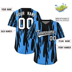 Black Powder Blue Flame Pattern Pullover Baseball Jersey 2