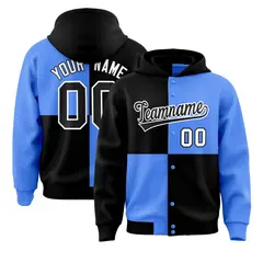 Black Powder Blue Four Squares Color Block Varsity Letterman Jacket Hoodie 1
