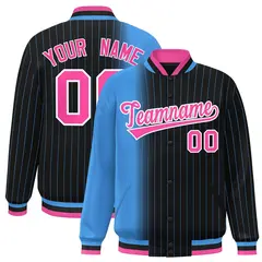 Black Powder Blue Gradient Pinstripe Full-Snap Letterman Jacket 1
