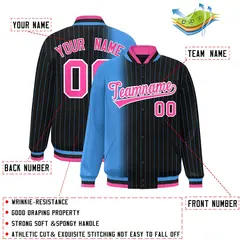 Black Powder Blue Gradient Pinstripe Full-Snap Letterman Jacket 2