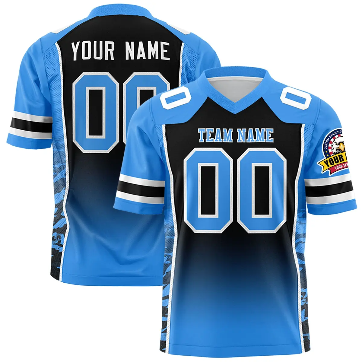 Black Powder Blue Gradient Side Pattern Football Jersey