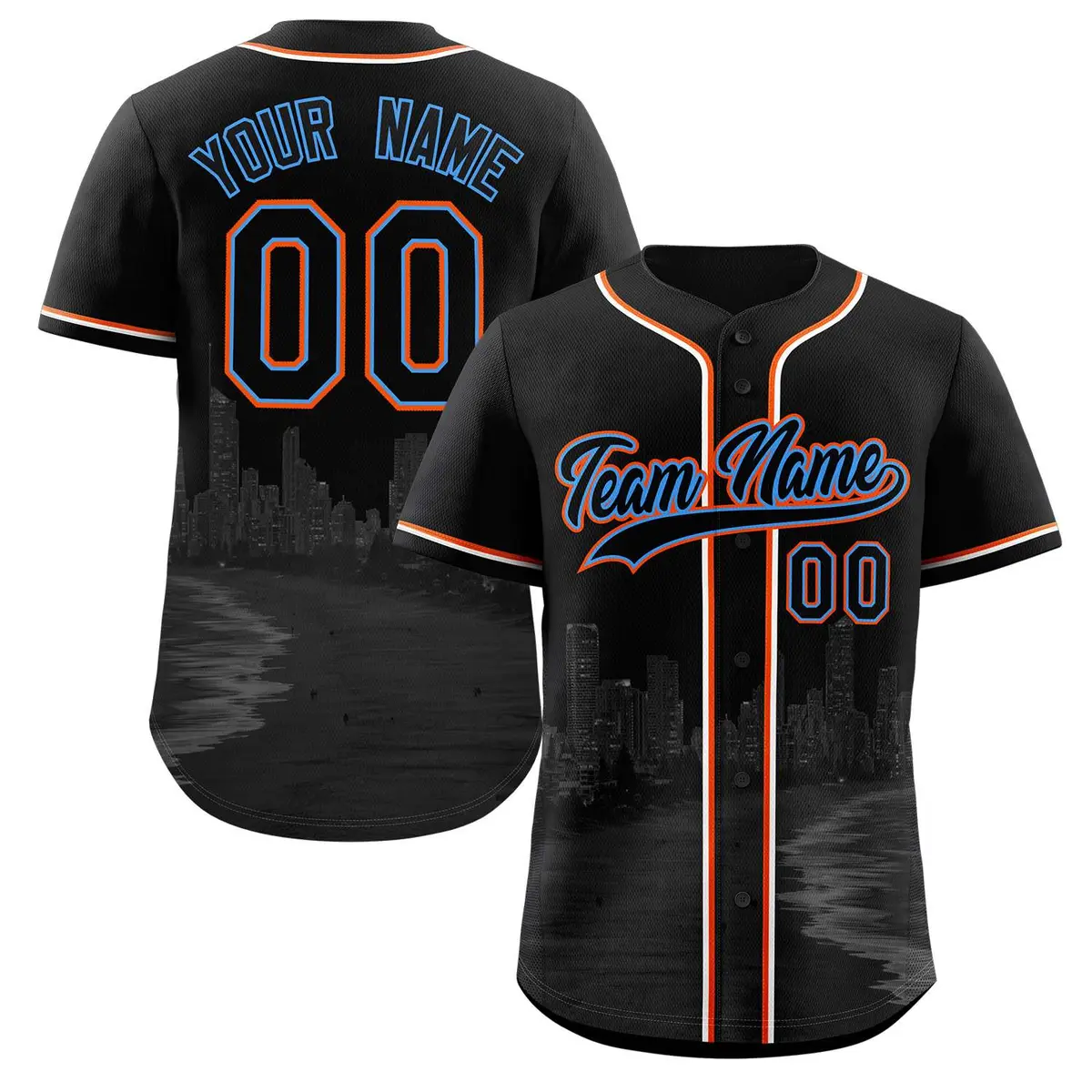 Black Powder Blue Miami City Skyline Baseball Jersey