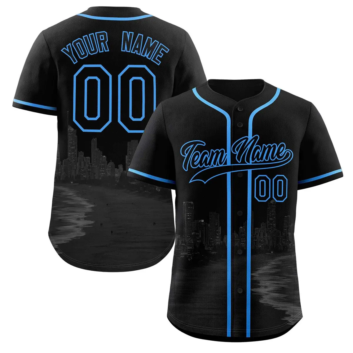 Black Powder Blue Miami City Skyline Baseball Jersey
