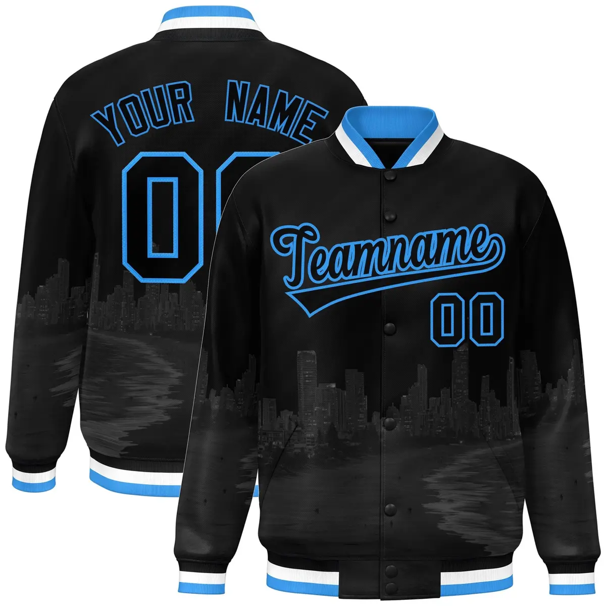Black Powder Blue Miami Skyline Track Varsity Full-Snap Jacket