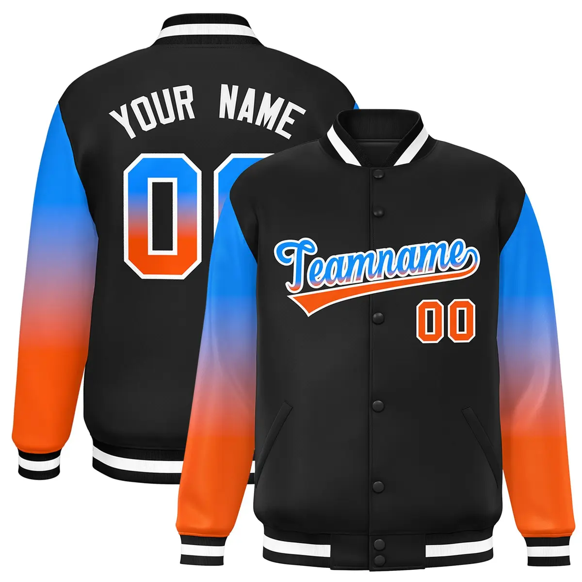 Black Powder Blue-Orange Gradient Varsity Full-Snap Raglan Baseball Jacket