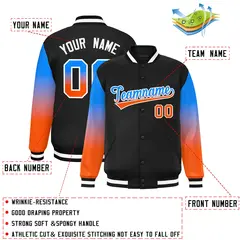 Black Powder Blue-Orange Gradient Varsity Full-Snap Raglan Baseball Jacket 2