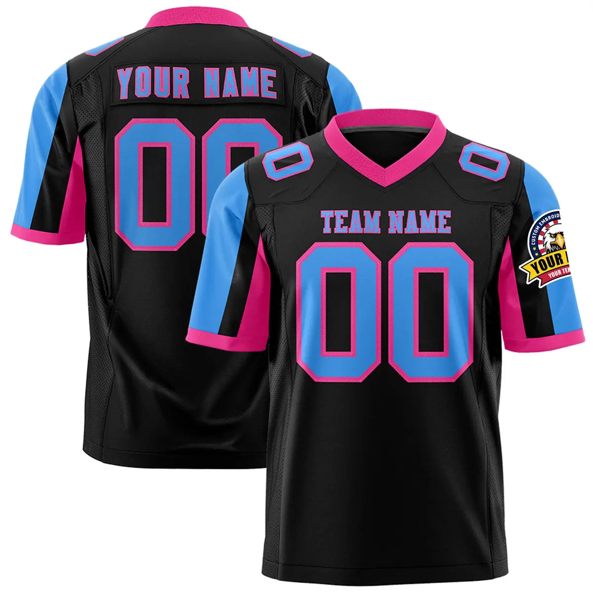 Black Powder Blue-Pink Color Block Raglan Football Jersey