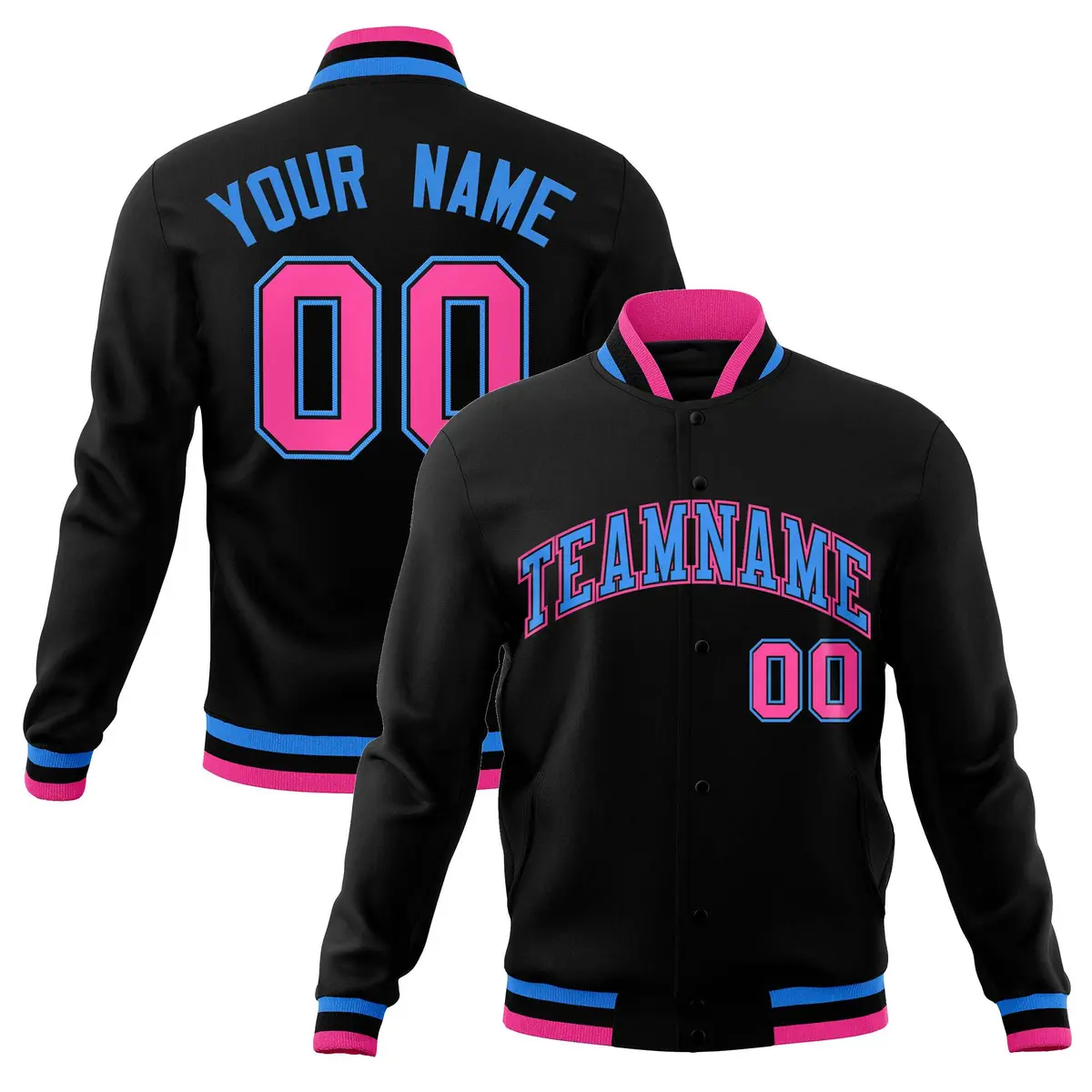 Black Powder Blue Pink Full-Snap Varsity Letterman Jacket