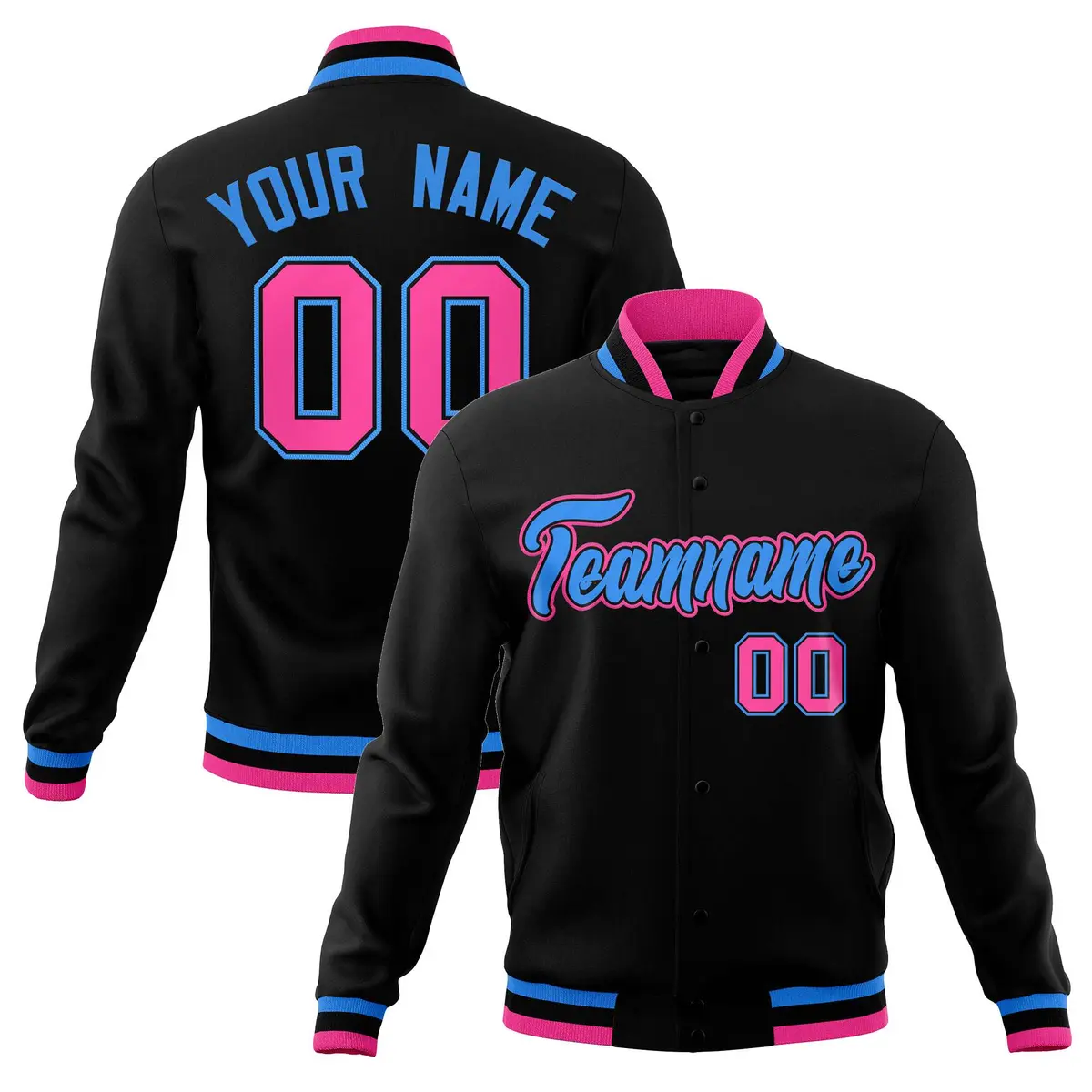 Black Powder Blue Pink Full-Snap Varsity Letterman Jacket