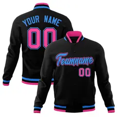 Black Powder Blue Pink Full-Snap Varsity Letterman Jacket