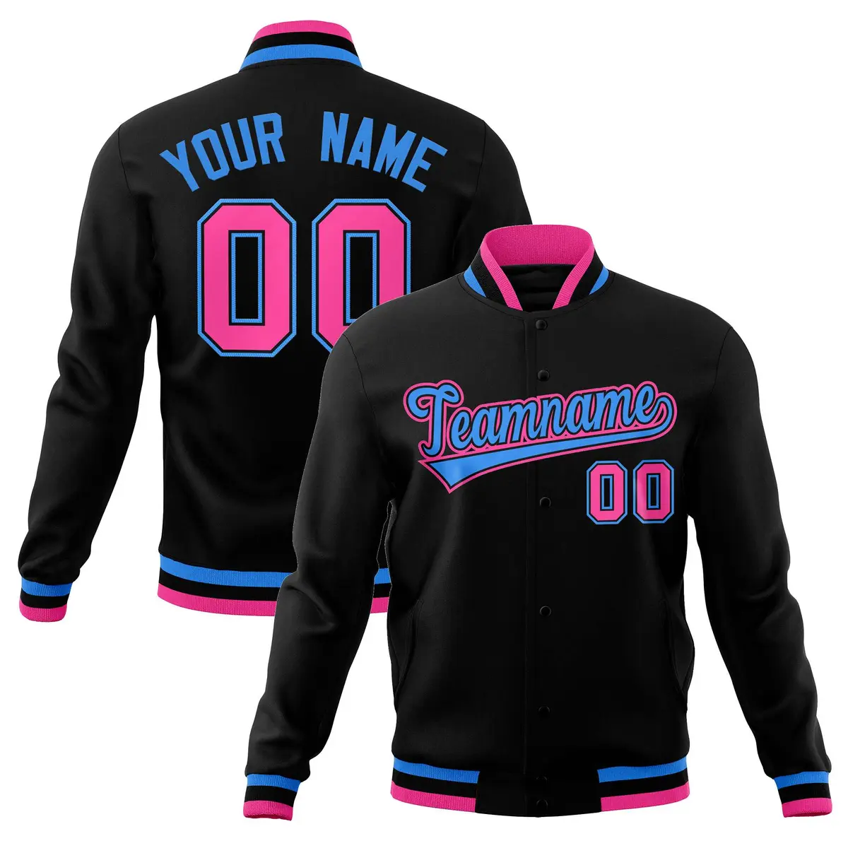 Black Powder Blue Pink Full-Snap Varsity Letterman Jacket
