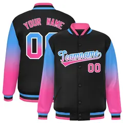 Black Powder Blue-Pink Gradient Varsity Full-Snap Raglan Baseball Jacket