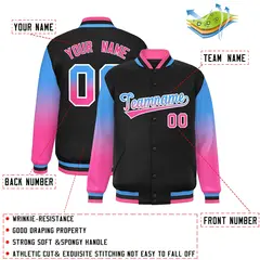 Black Powder Blue-Pink Gradient Varsity Full-Snap Raglan Baseball Jacket 2