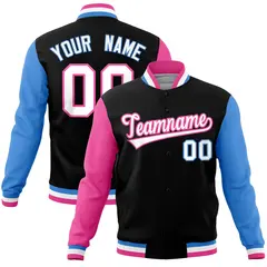 Black Powder Blue-Pink Raglan Full-Snap Varsity Letterman Jacket