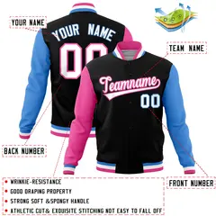 Black Powder Blue-Pink Raglan Full-Snap Varsity Letterman Jacket 4