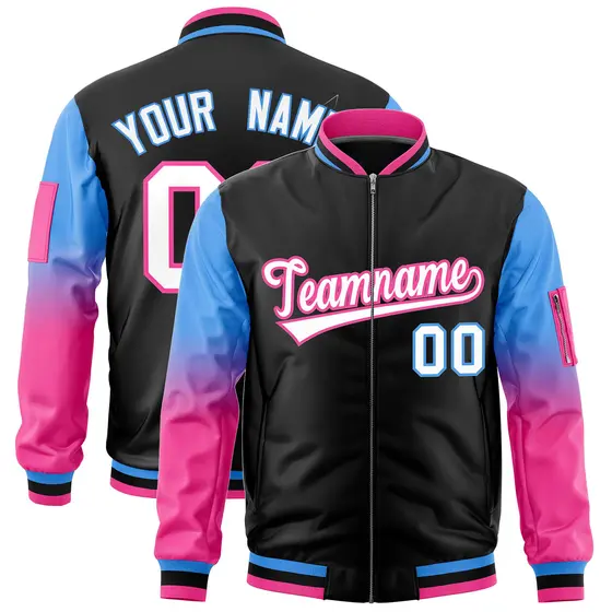 Black Powder Blue-Pink Raglan Gradient Varsity Full-Zip Letterman Bomber Jacket