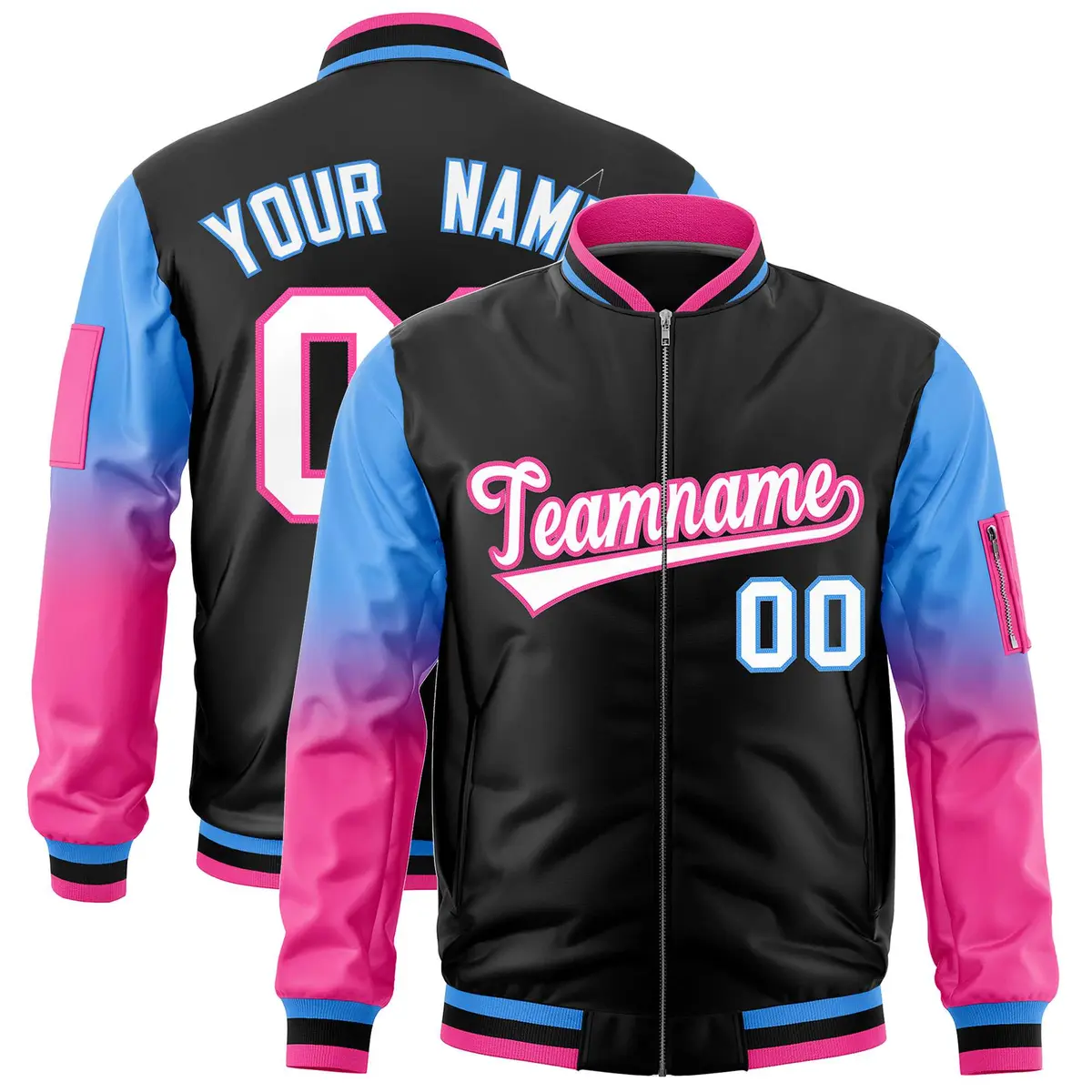 Black Powder Blue-Pink Raglan Gradient Varsity Full-Zip Letterman Bomber Jacket