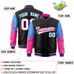 Black Powder Blue-Pink Raglan Gradient Varsity Full-Zip Letterman Bomber Jacket 2