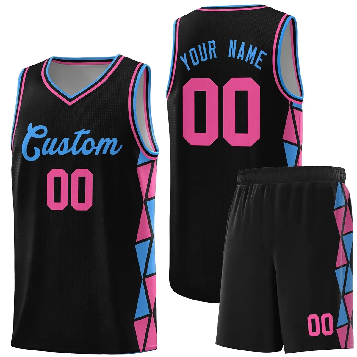 Black Powder Blue-Pink Side Triangle Splicing Basketball Jersey