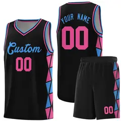 Black Powder Blue-Pink Side Triangle Splicing Basketball Jersey