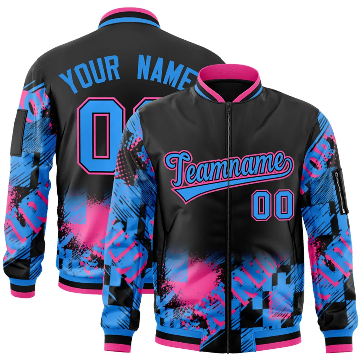 Black Powder Blue-Pink Street Graffiti Varsity Letterman Jacket