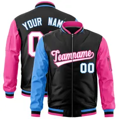 Black Powder Blue Pink Varsity Letterman Bomber Jacket Full-Zip Raglan