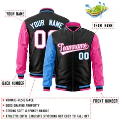 Black Powder Blue Pink Varsity Letterman Bomber Jacket Full-Zip Raglan 2