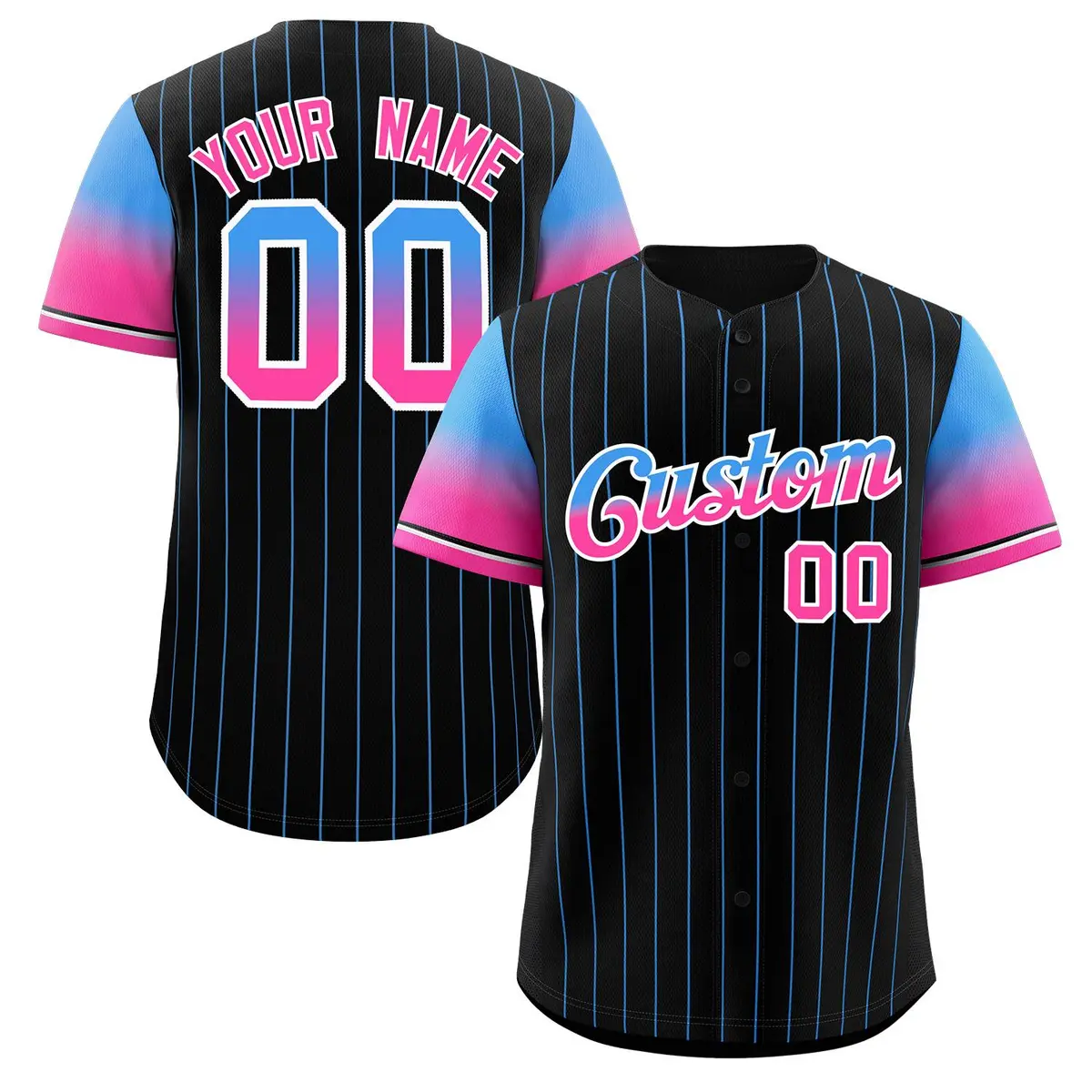 Black Powder Blue Pink-White Stripe Gradient Baseball Jersey