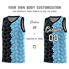 Black Powder Blue Puzzle Pattern Splid Basketball Kits 3