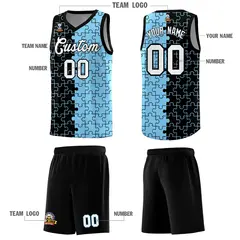 Black Powder Blue Puzzle Pattern Splid Basketball Kits 5