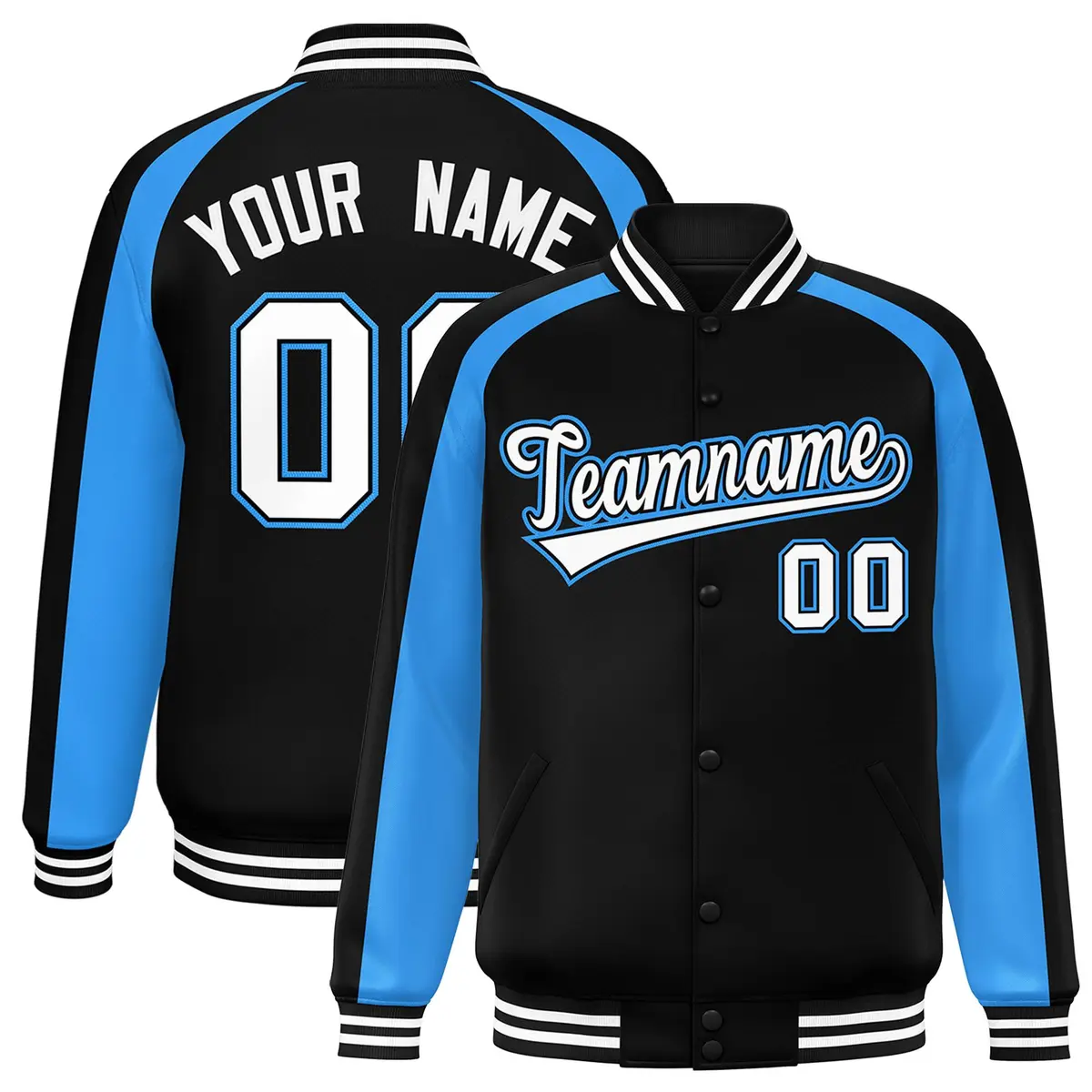 Black Powder Blue Raglan Full-Snap Color Block Varsity Letterman Jacket