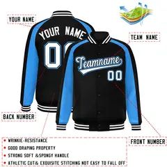 Black Powder Blue Raglan Full-Snap Color Block Varsity Letterman Jacket 2