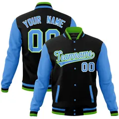 Black Powder Blue Raglan Sleeves Full-Snap Varsity Letterman Baseball Jacket