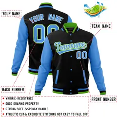 Black Powder Blue Raglan Sleeves Full-Snap Varsity Letterman Baseball Jacket 4
