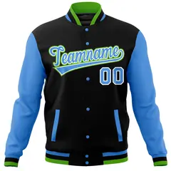 Black Powder Blue Raglan Sleeves Full-Snap Varsity Letterman Baseball Jacket 5