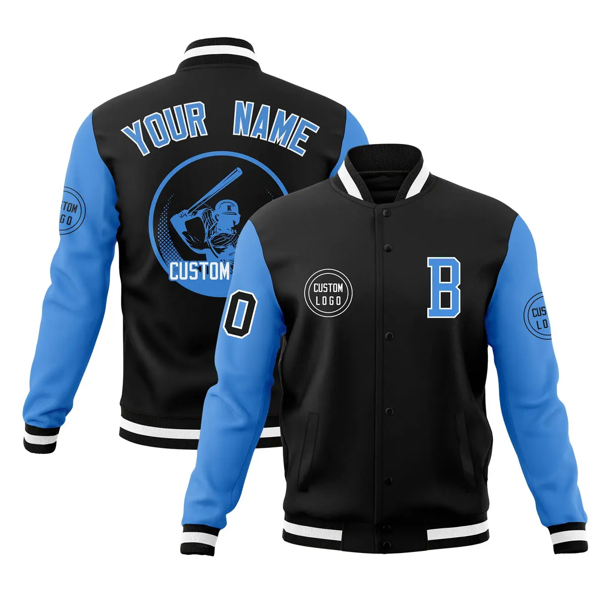 Black Powder Blue Raglan Sleeves Full-Snap Varsity Letterman Baseball Jacket
