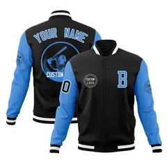 Black Powder Blue Raglan Sleeves Full-Snap Varsity Letterman Baseball Jacket 1
