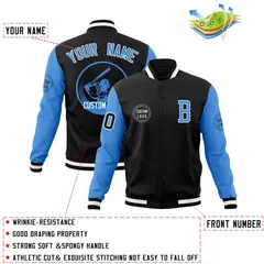 Black Powder Blue Raglan Sleeves Full-Snap Varsity Letterman Baseball Jacket 4