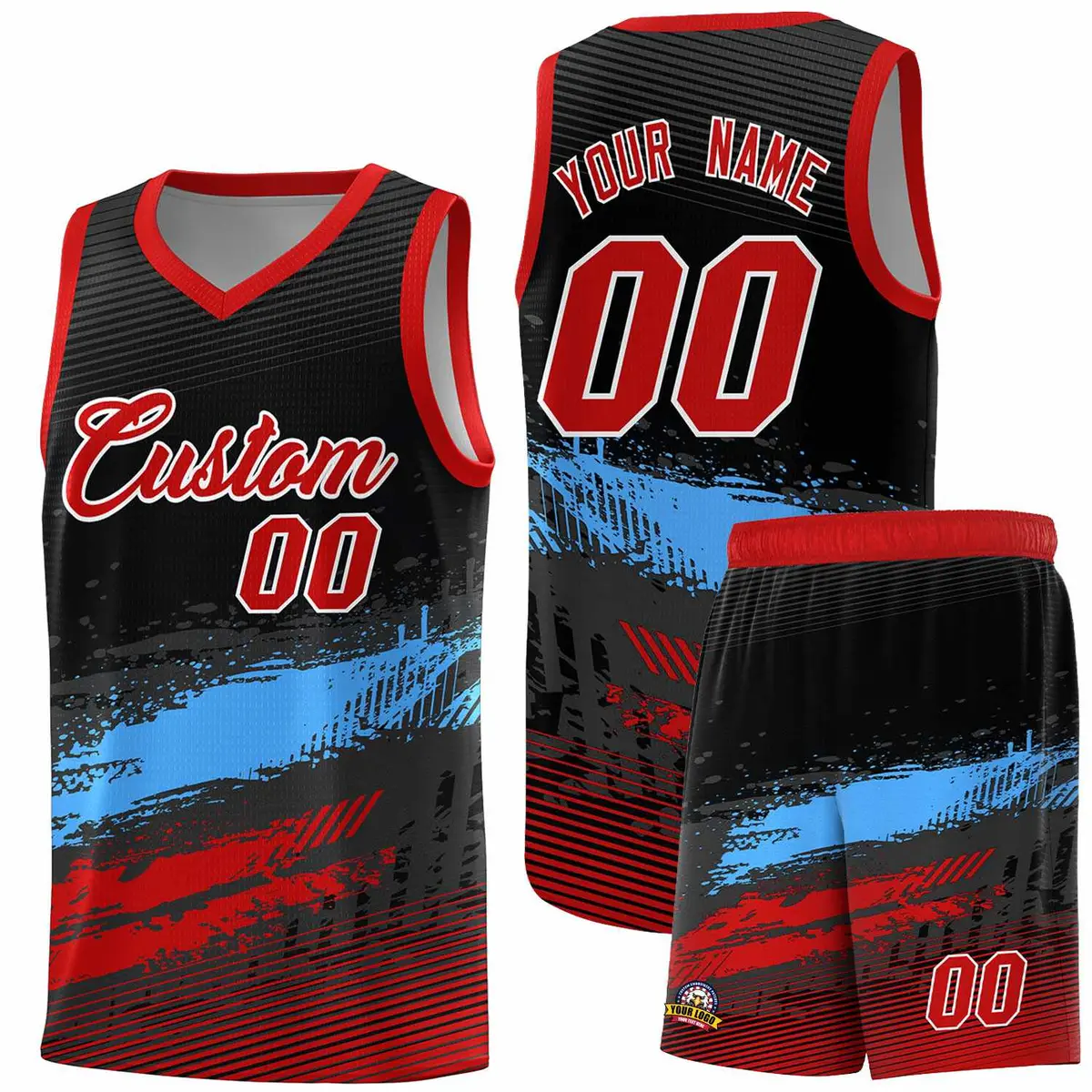 Black Powder Blue Red Graffiti Pattern Basketball Jersey