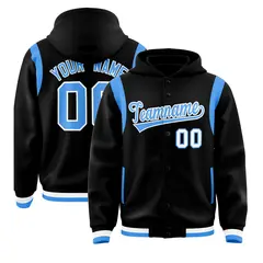 Black Powder Blue Shoulder Color Block Varsity Letterman Jacket Hoodie 1
