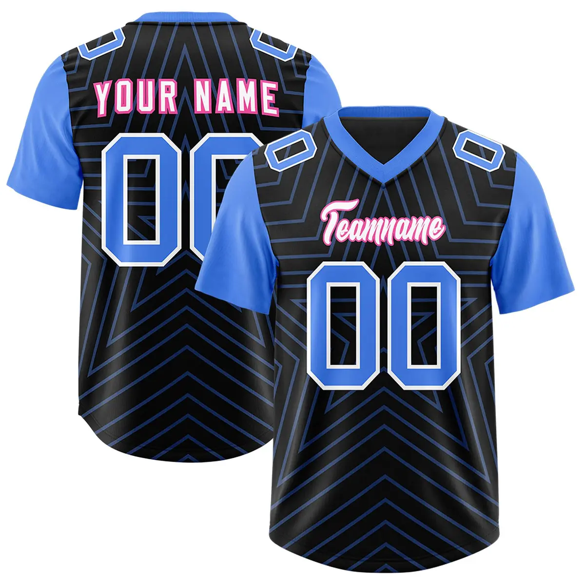 Black Powder Blue Star Pattern Raglan Football Jersey