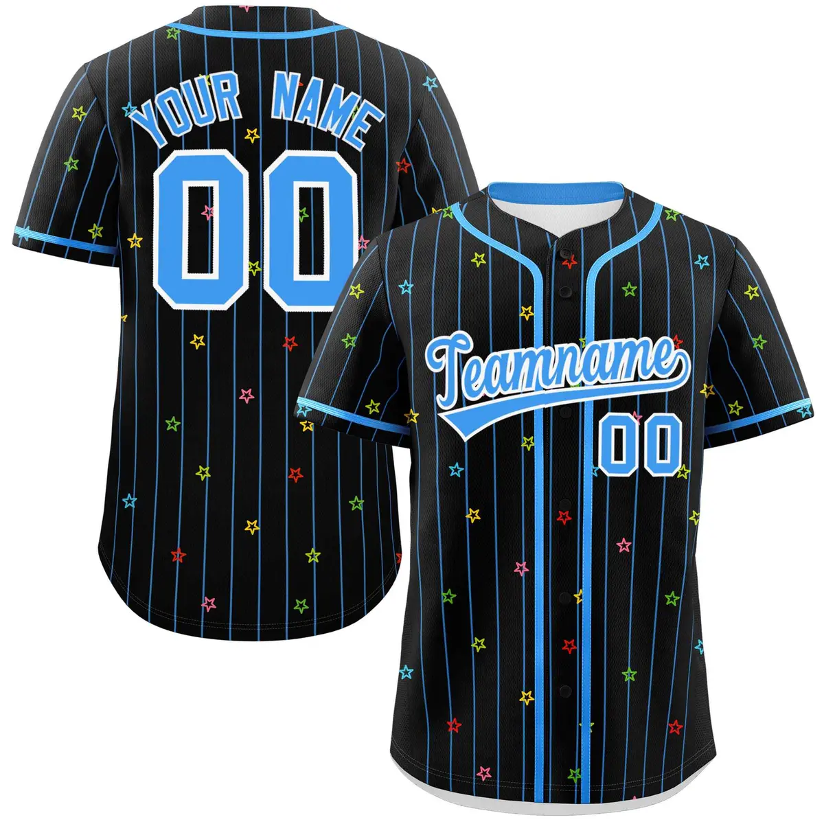 Black Powder Blue Stripe Star Pattern Baseball Jersey