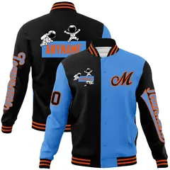 Black Powder Blue Two Tone Split Full-Snap Letterman Jacket Raglan Sleeves