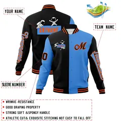 Black Powder Blue Two Tone Split Full-Snap Letterman Jacket Raglan Sleeves 4